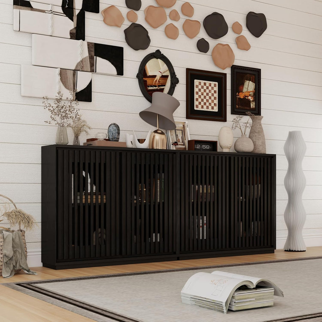 Black Slatted Slim Wood Sideboard Credenza