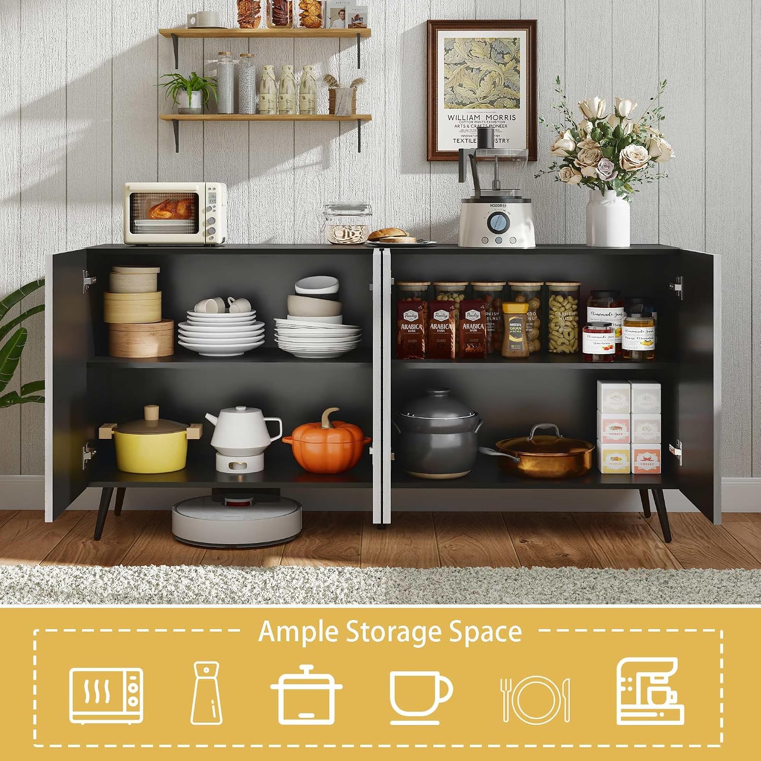 63" Grey Black Fluted Wood Credenza